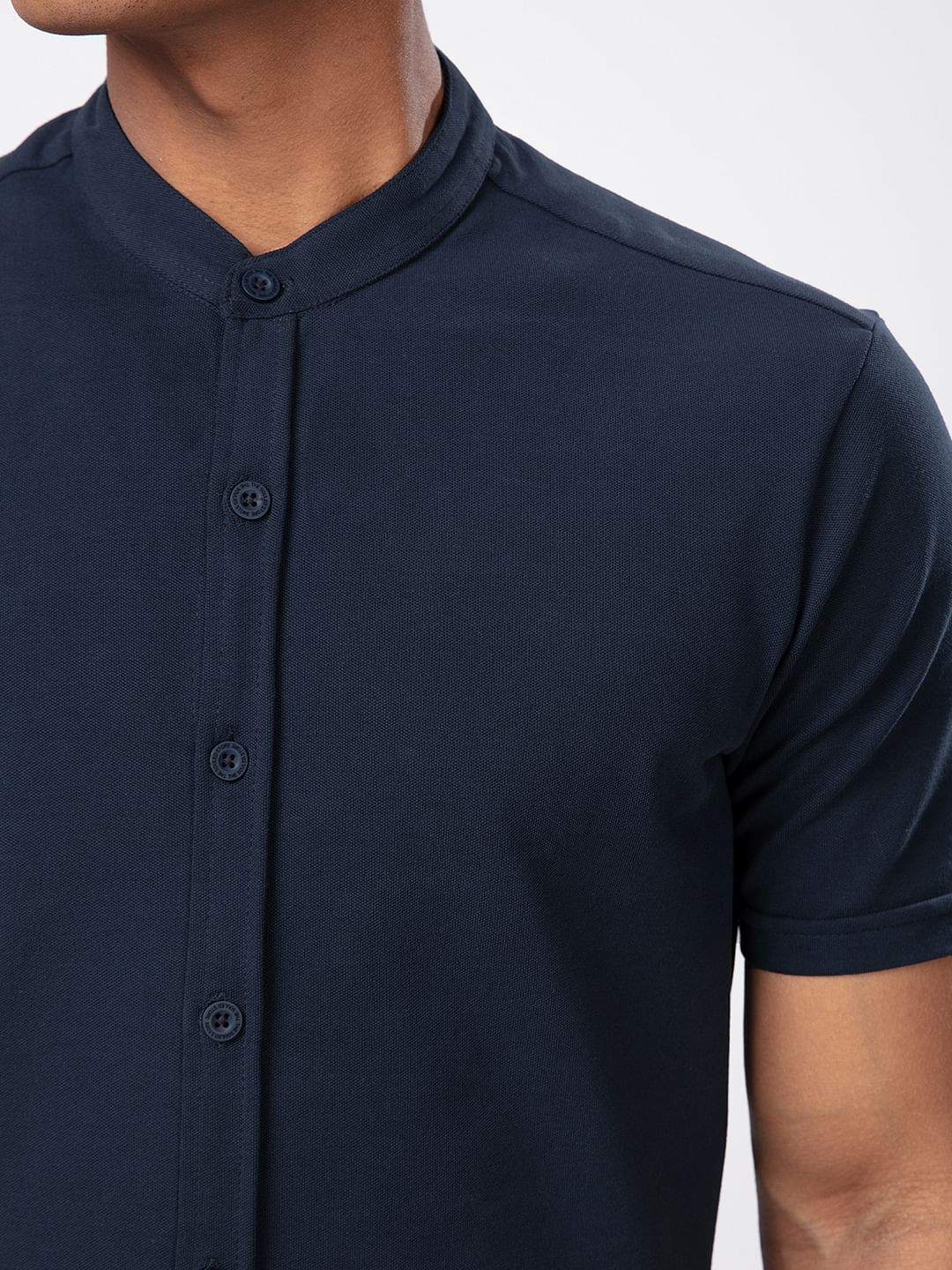 Solids Mandarin Knit Shirt: Navy Blue
