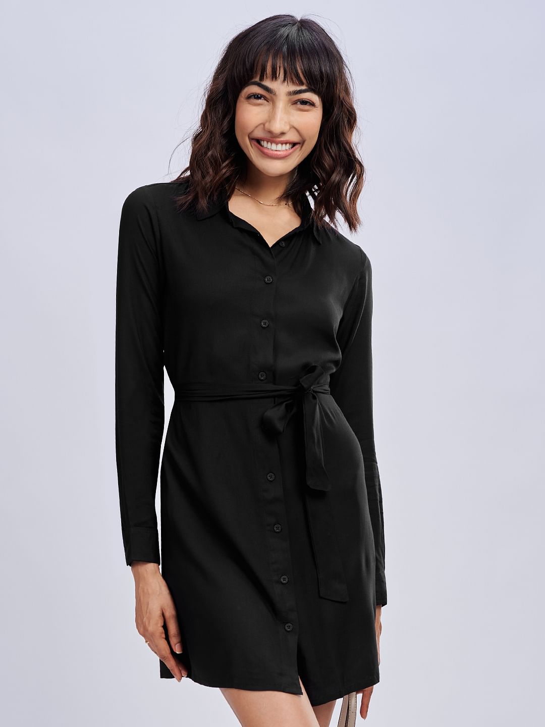 Solid Shirt Dress: Black