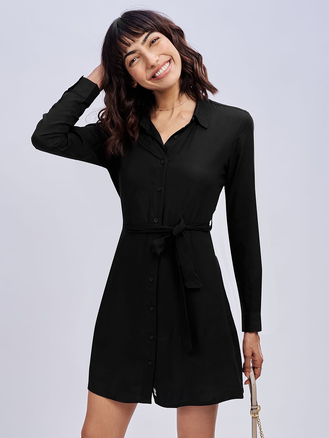 Solid Shirt Dress: Black
