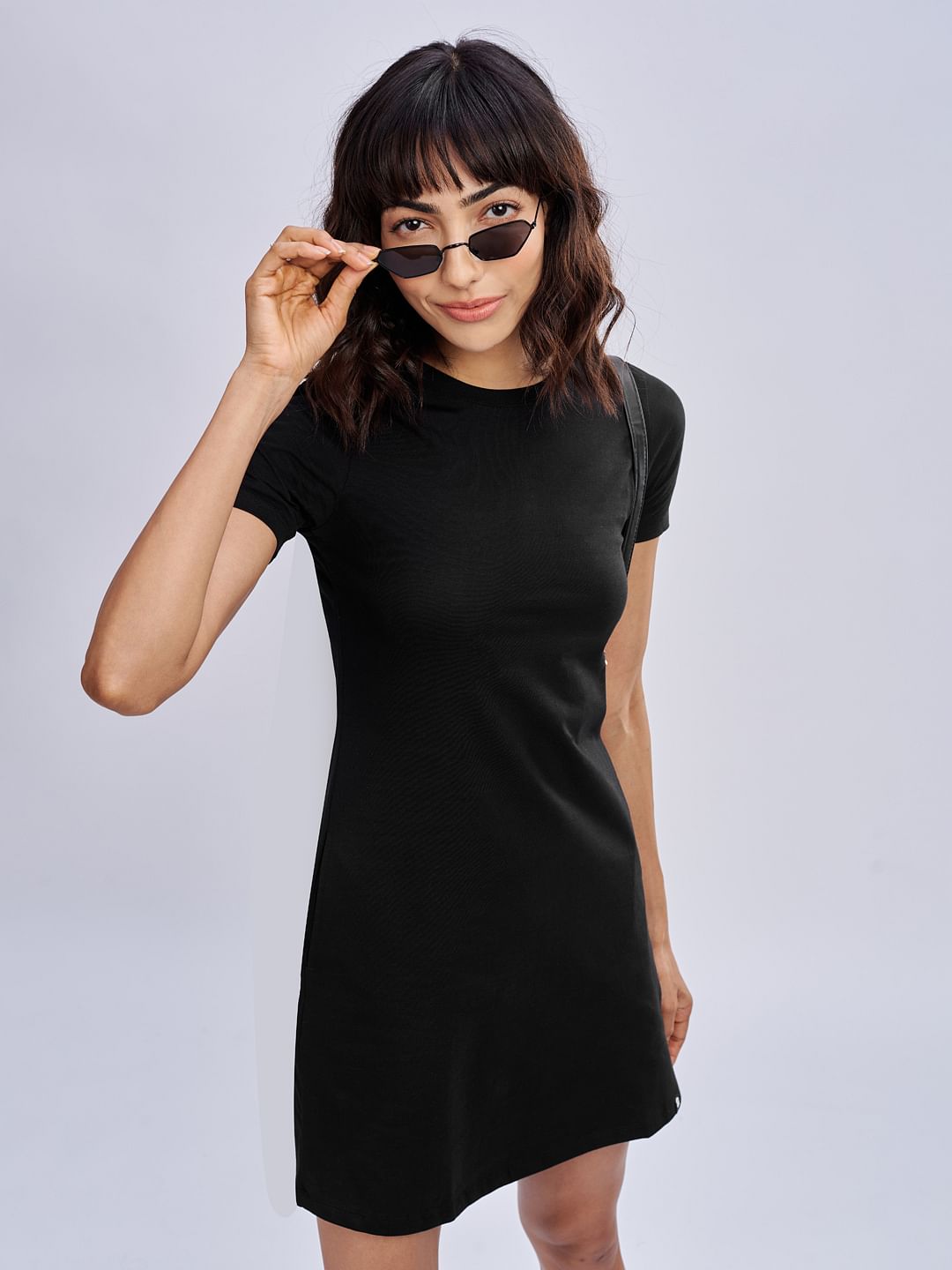 Solids Half Sleeve Dress: Black
