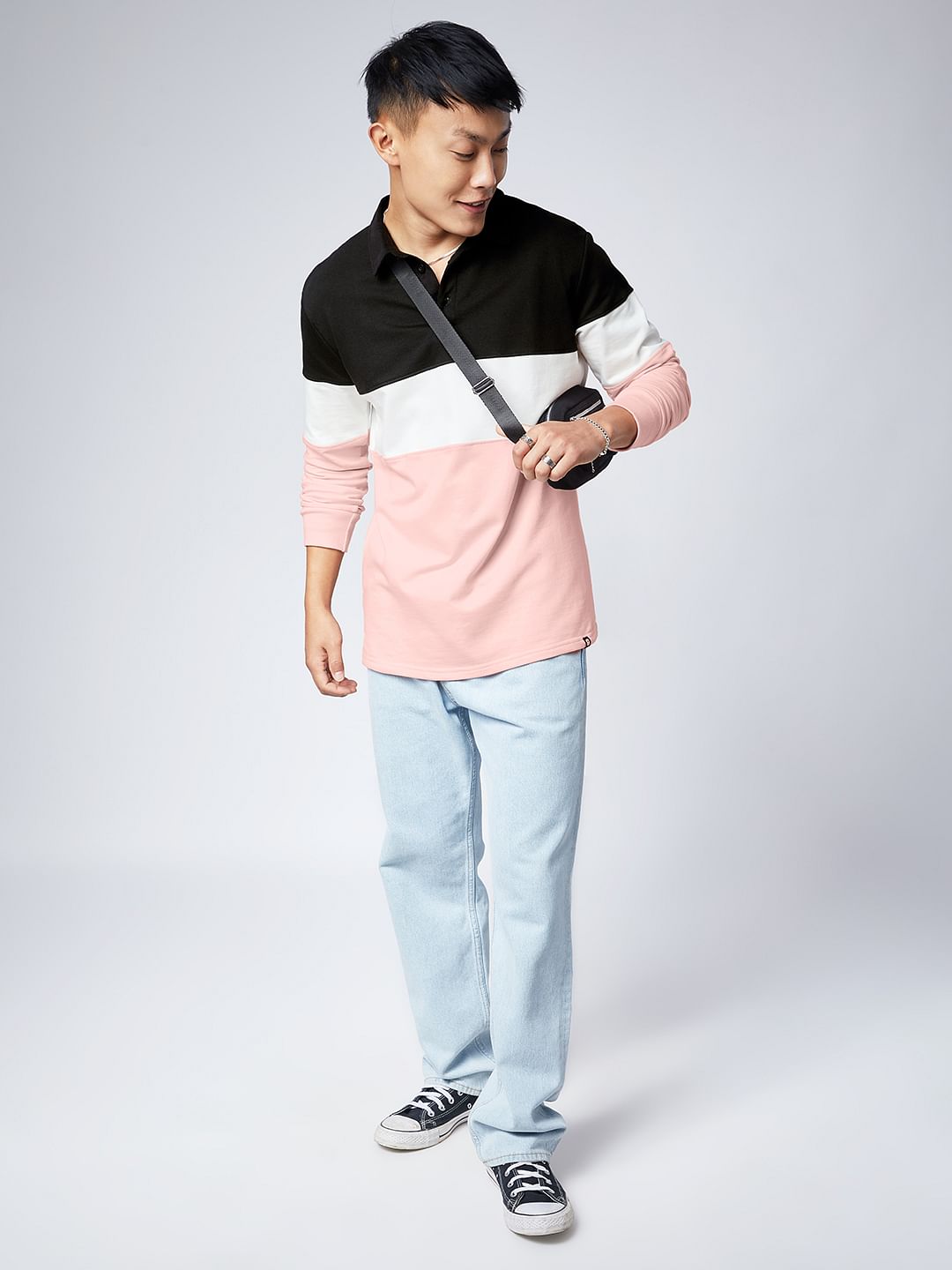 Nude Pink & Black: Men's Colorblock Rugby Polo