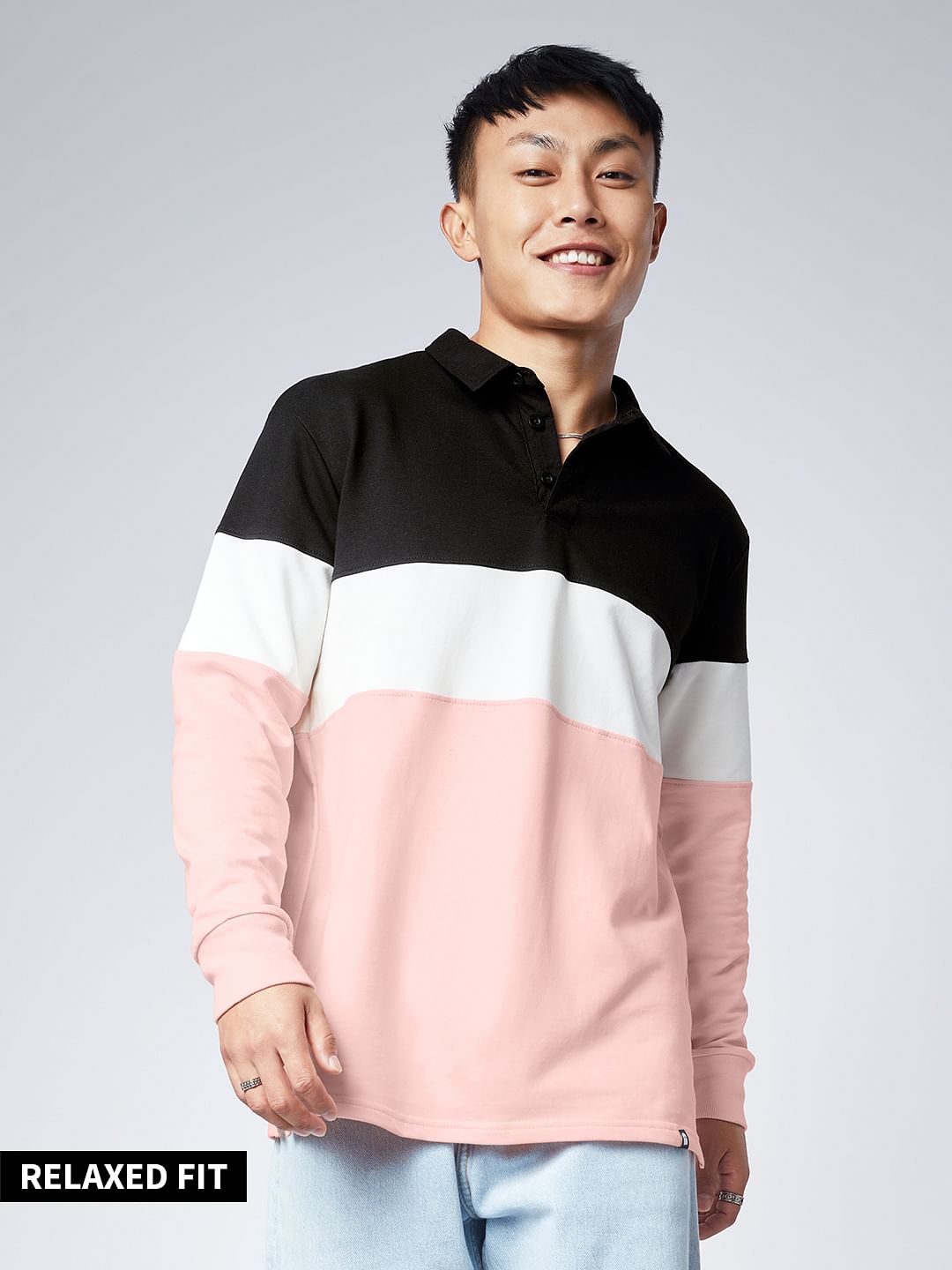 Nude Pink & Black: Men's Colorblock Rugby Polo